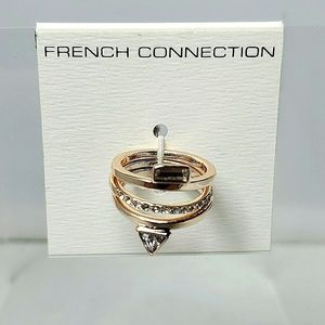 French Connection 3 Piece Rose Gold Crystal Ring Set Size 7